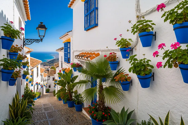 White houses and blue flower pots in Mijas Pueblo
